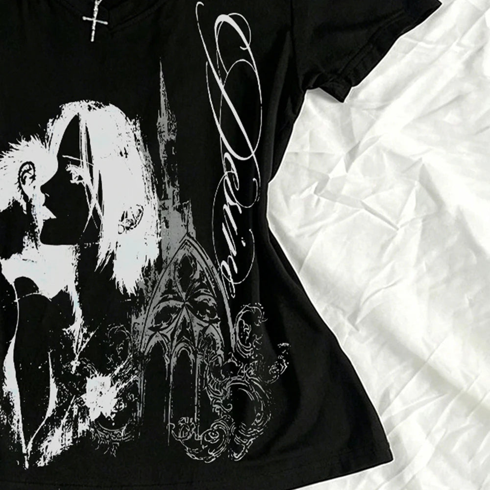 Japanese Y2k Kitty Women's V-neck 2000s Top Emo Women's T-shirt Gothic Pattern T-shirt Y2k Women's Top