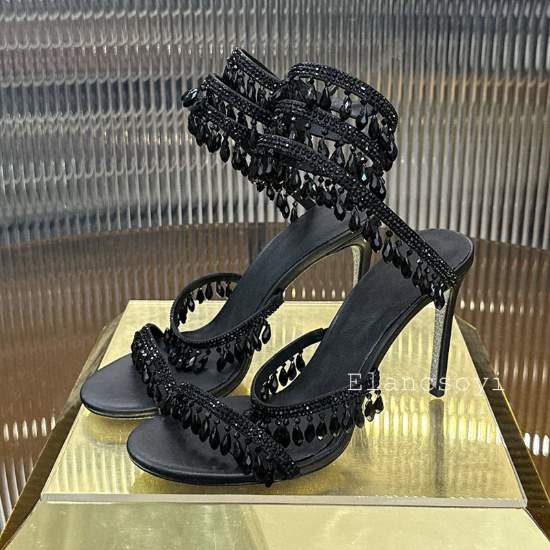 High Heels Sandals Women Shiny Crystal Pendant Ankle Snake Twine Around Prom Shoes Summer Fashion Stiletto Bohemian Sandalias