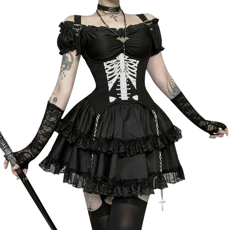 Goth Dark E-girl Kawaii Lace Stitch Pleated Dresses Party Mall Gothic Streetwear Cyber Y2K Plaid Corn Straps Backless Mini Dress