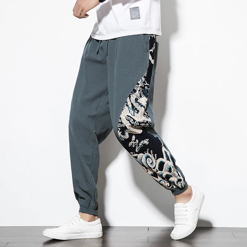 Chinese Style Loose Men's Cotton Linen Pants Male Spring New Breathable Dragon Print Linen Trousers Fitness Streetwear Plus Size