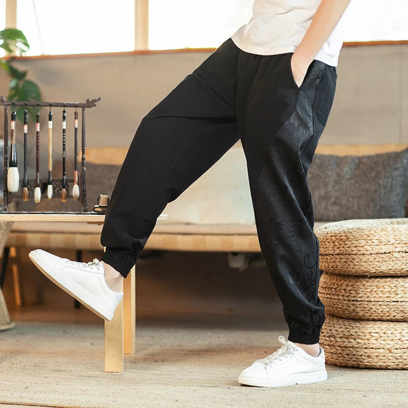 Chinese Style Loose Men's Cotton Linen Pants Male Spring New Breathable Dragon Print Linen Trousers Fitness Streetwear Plus Size