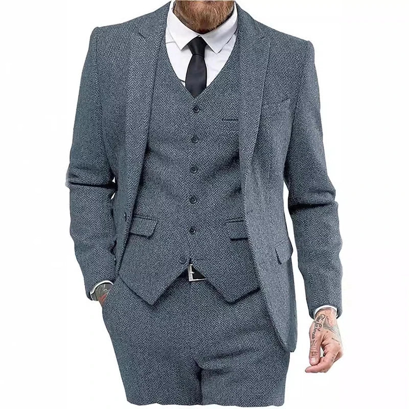 Retro Herringbone Suit for Men Stylish Vintage Tuxedo Set 3 Pieces Blazer Vest and Pant Set for Wedding Business Evening Party