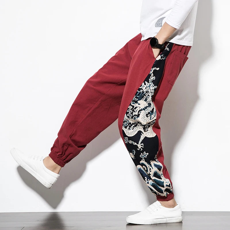 Chinese Style Loose Men's Cotton Linen Pants Male Spring New Breathable Dragon Print Linen Trousers Fitness Streetwear Plus Size