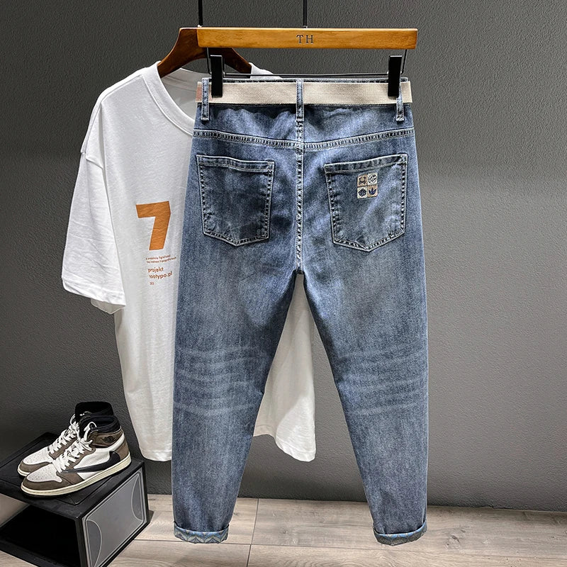 2025 Autumn Men's Stretch Jeans Fashion Tapered Slim Small Feet Ankle Harem Pants Casual Denim Trousers Streetwear Free Belt