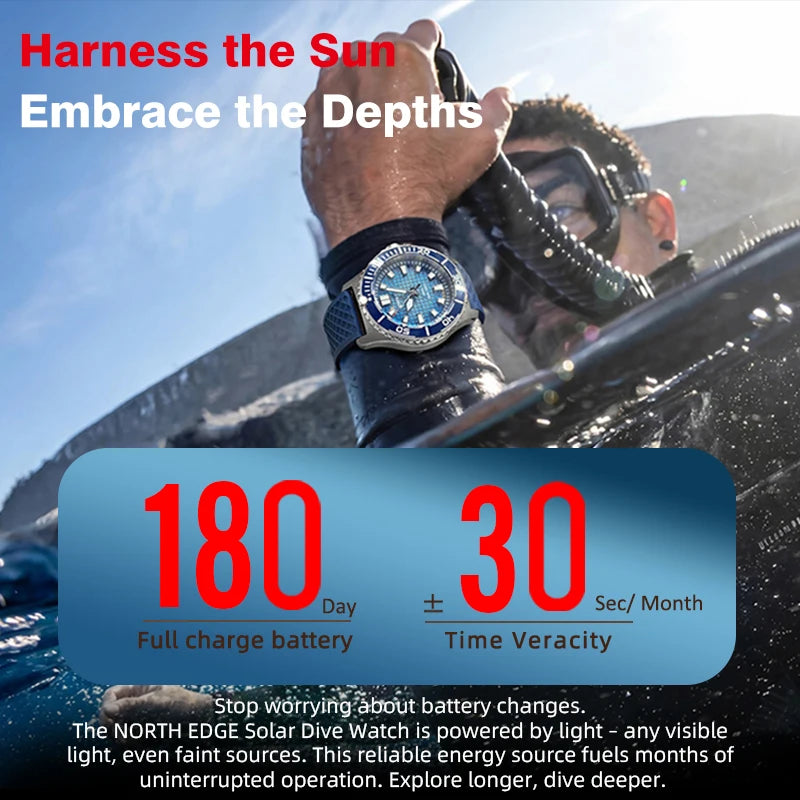 NORTH EDGE ABYSS Men's Quartz Luxury Watch Solar Powered 200M Waterproof Dive Sports Watches 316L Steel Case 180+ Day Power