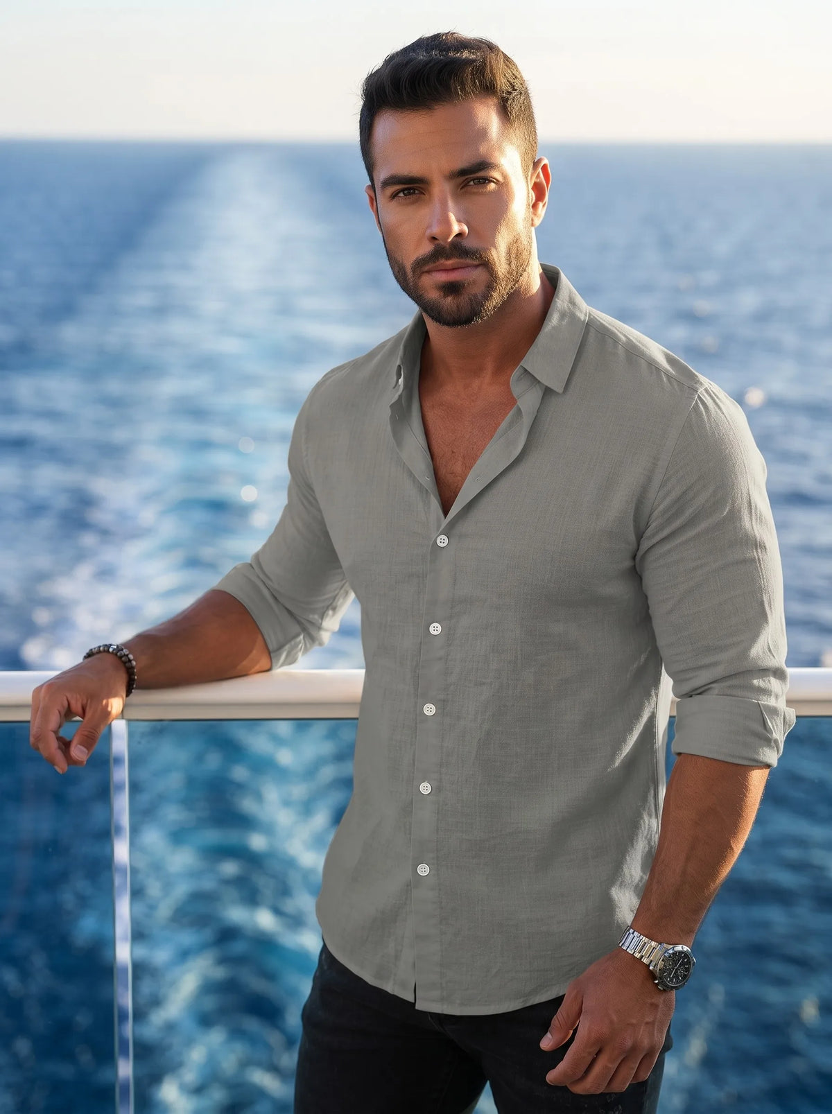 Mens Solid Cotton Long Sleeve Shirt Classic Collar Black Contrast Buttons Rollable Cuff Design Thin Summer Urban Daily Casual Slim Fit Shirt