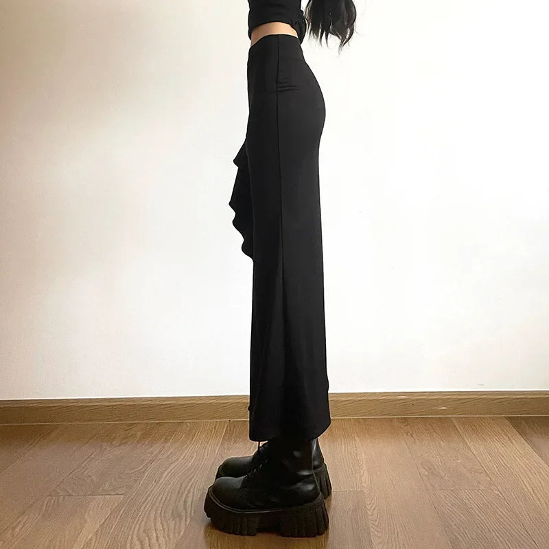 Gothic Black High Waist Bodycon Mid Skirt E-Girl Punk Ruffles Split A-Line Skirts Y2K Fashion Women Streetwear Bottoms