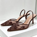 Brown String Bead Mesh Embroider Slingback High Heels Women Sexy Pointed Toe Heeled Sandals Summer Elegant Luxury Designer Shoes
