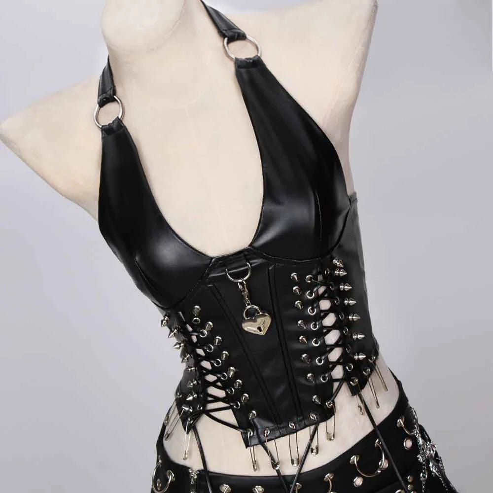 Goth Tops Festival Grunge Rave Punk Rock Clothes PU Leather Black Gothic Tank Spikes Y2K T-shirt Summer Emo Clothing Vkei