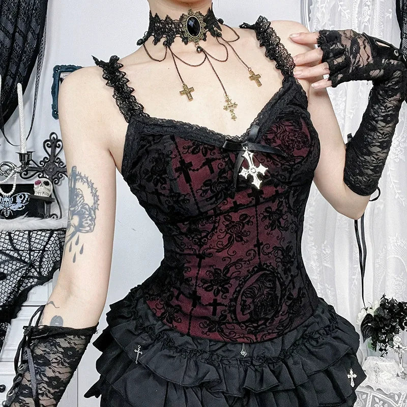 2025 Gothic Women Crop Top Skeleton Printed Black Corset Tops Sexy Aesthetic Grunge Fairy Core 90s Camisole Y2K Clothes