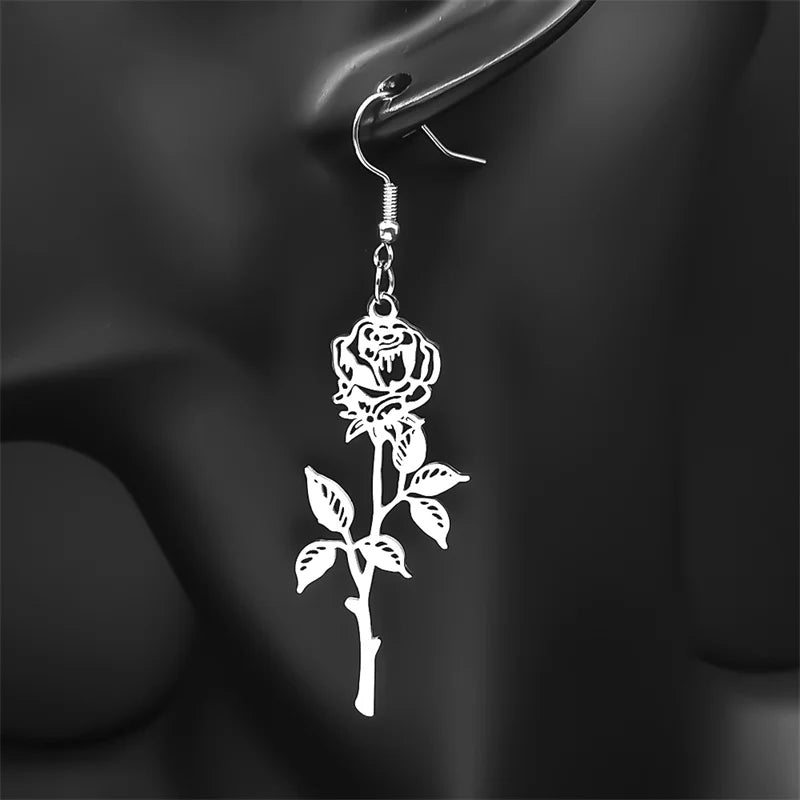 Gothic Rose Flower Long Hoop Earrings For Women Men Stainless Steel Black Silver Color Plant Earring Couple Jewelry Gift