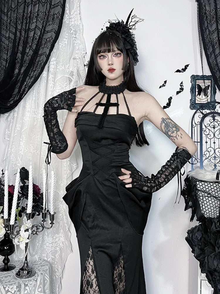 AltGoth Aesthetic Gothic Party Dress Women Fairycore Grunge Sexy Elegant Sweet Lace Patchwork Halter Bandage Corset Dress Female
