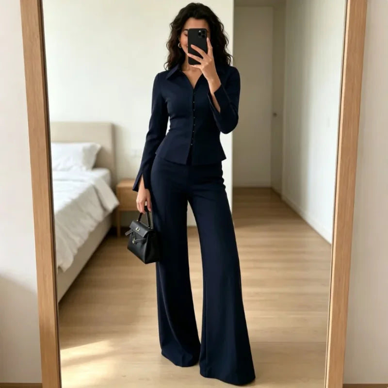 Black Business Suit For Women Commute Office Chic Hide Button High Waist Flared Pants Slim Fit Trim Autumn New Elegant Lady Sets