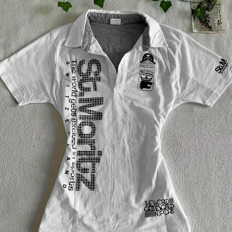 Y2k T-shirt Polo Goth Punk Vintage 2000s Letter Print Slim Short Sleeve Aesthetic Harajuku Streetwear Summer Chic Grunge Emo Tee
