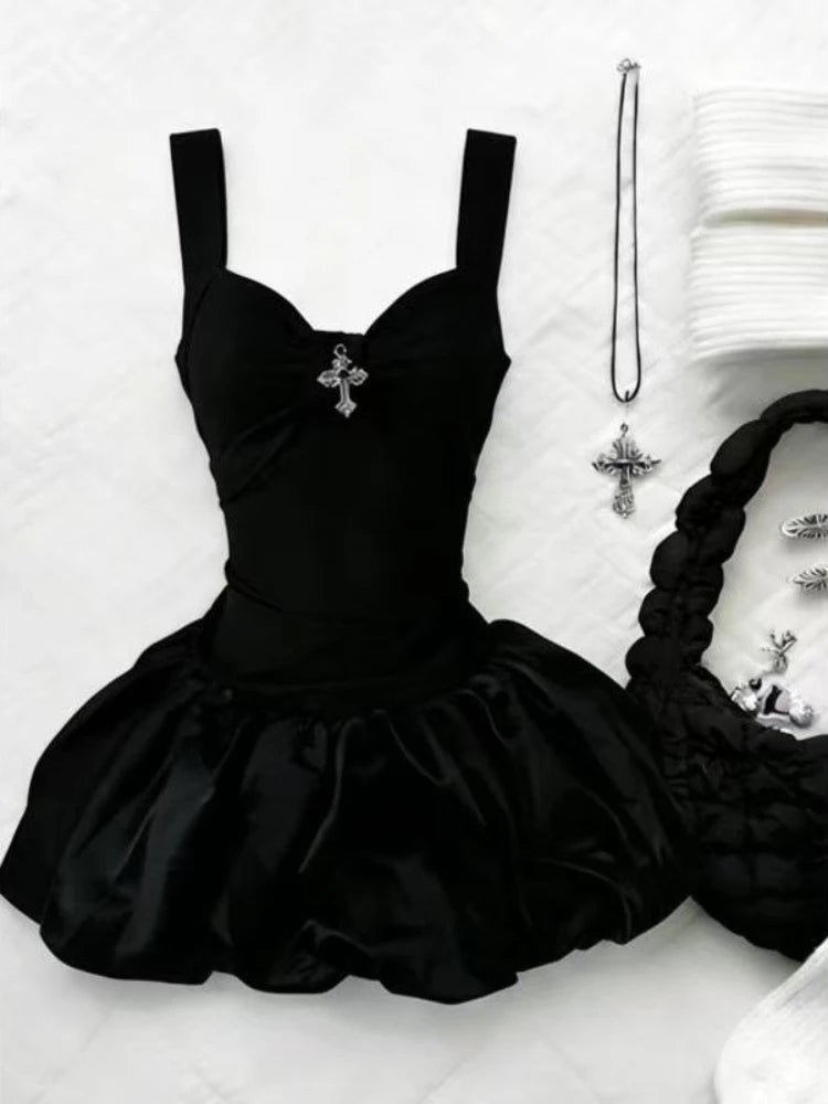 Gothic Hot Girl Cross Black Skinny Short Dress Women Summer New Sexy Slip Vintage Dark Academia Slim Flower Bud Dresses New