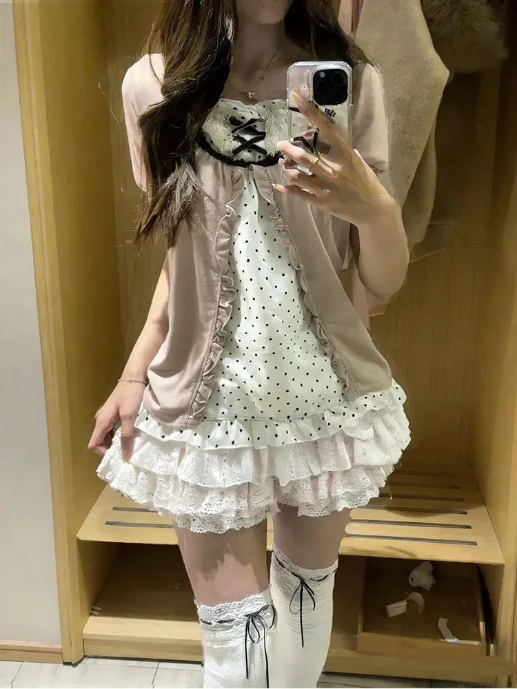 Y2K Japanese Daily Casual 3 Piece Matching Suit Women French Vintage Retro Crop Top Mini Skirt Autumn American Street Outfit
