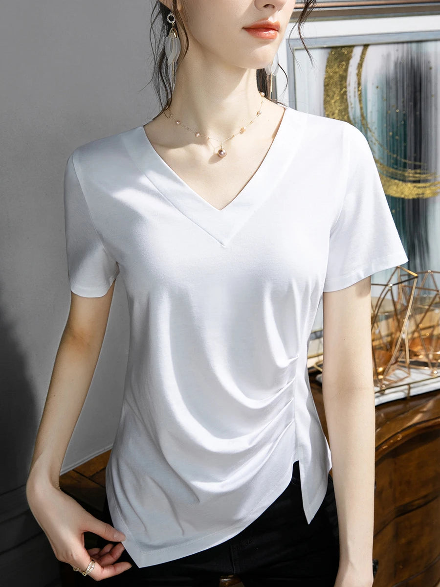 Y2k T Shirt Women 2024 Summer Clothes Top Women Stylish White Woman Blouse Plus Size V-neck Cotton T-shirt S-3xl 4xl