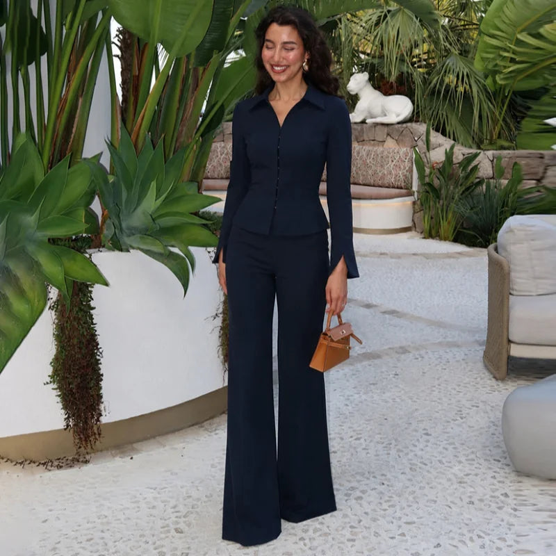 Black Business Suit For Women Commute Office Chic Hide Button High Waist Flared Pants Slim Fit Trim Autumn New Elegant Lady Sets
