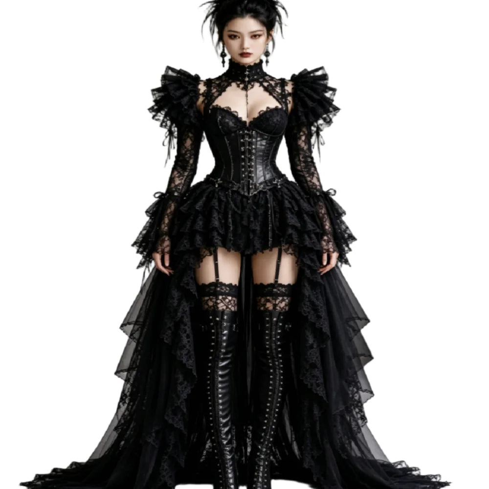 Black Gothic Hi Low Evening Dress 2027 Victorian Goth Costume Long Sleeve Lace Ruffle Tiered Prom Gown Fantasy Halloween Cosplay