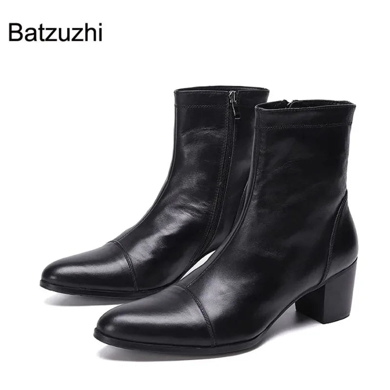 Batzuzhi Handsome Men Boots 7cm High Heels Genuine Boots Men Black Ankle Knight Botas Hombre for Men Party/Wedding, EU38-46!