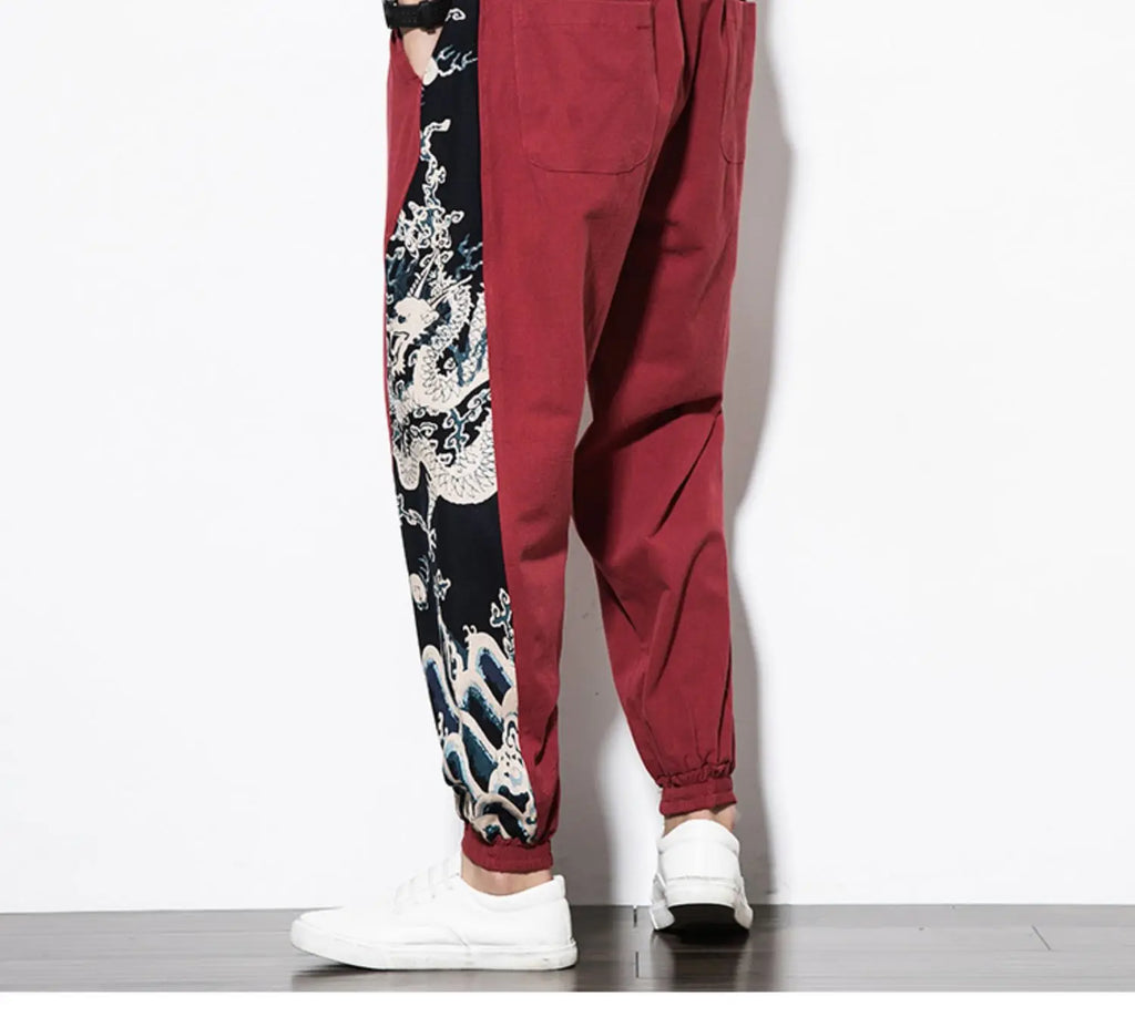 Chinese Style Loose Men's Cotton Linen Pants Male Spring New Breathable Dragon Print Linen Trousers Fitness Streetwear Plus Size