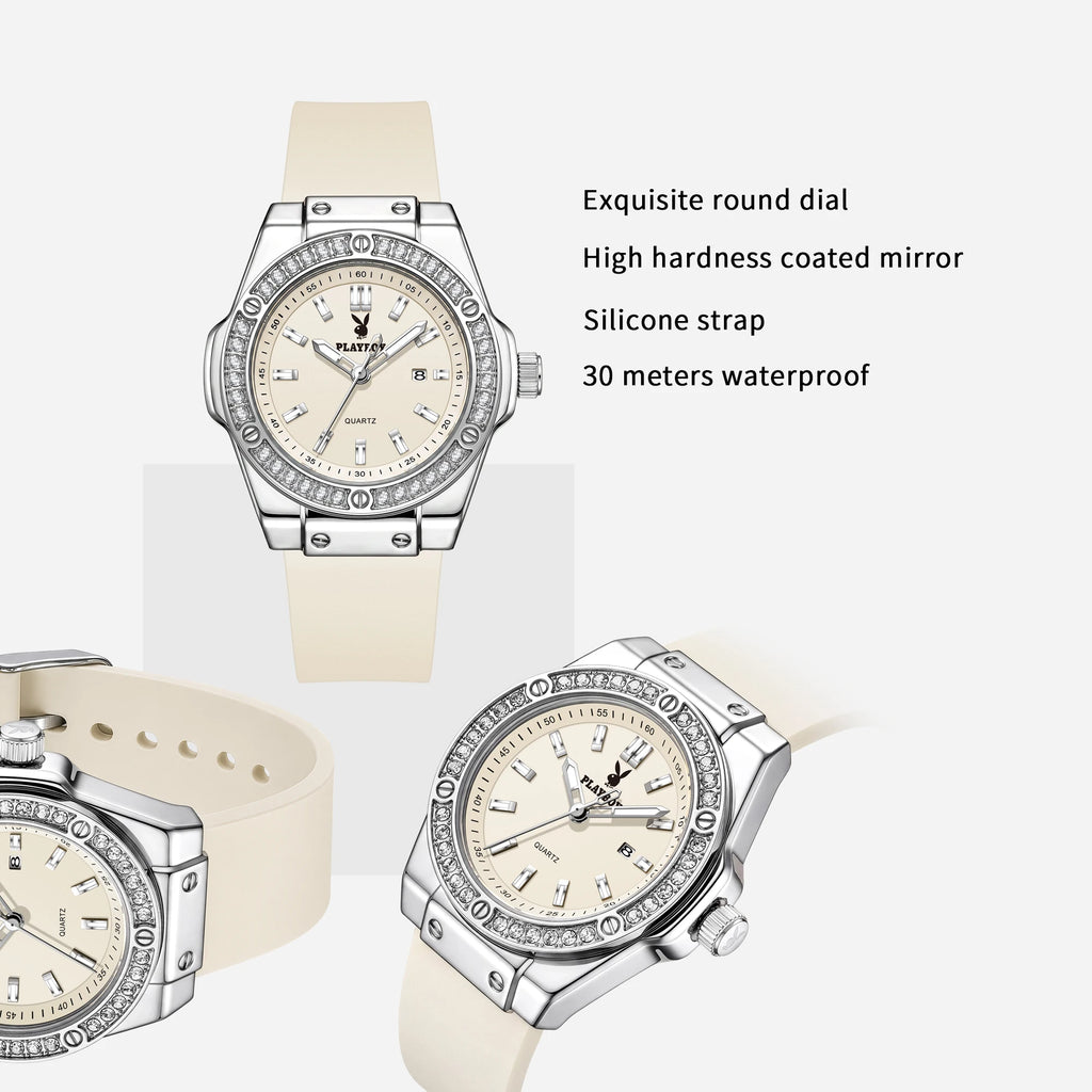 PLAYBOY Woman Elegant Date Quartz Wristwatch Waterproof Luminous Diamond Bezel Watches for Woman Luxury Original Brand Reloj