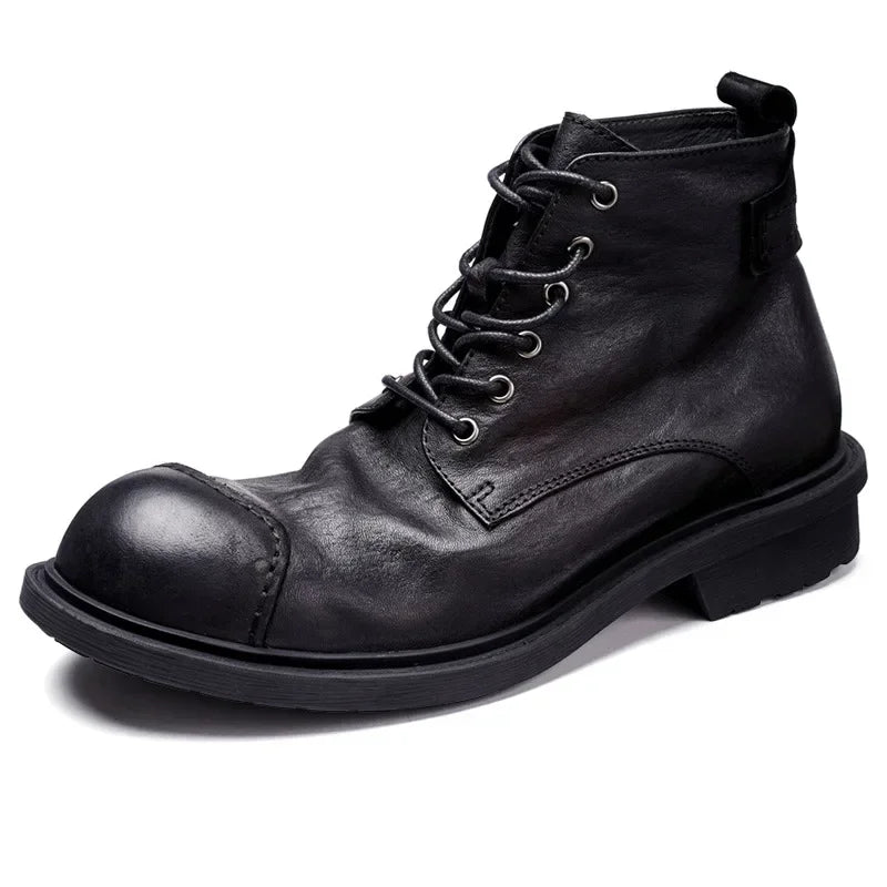 Vintage Business Mens Boots Luxury Genuine Cow Leather Spring Work Shoes 2024 New Style Full Grain Leather Round Toe Ankle Boots