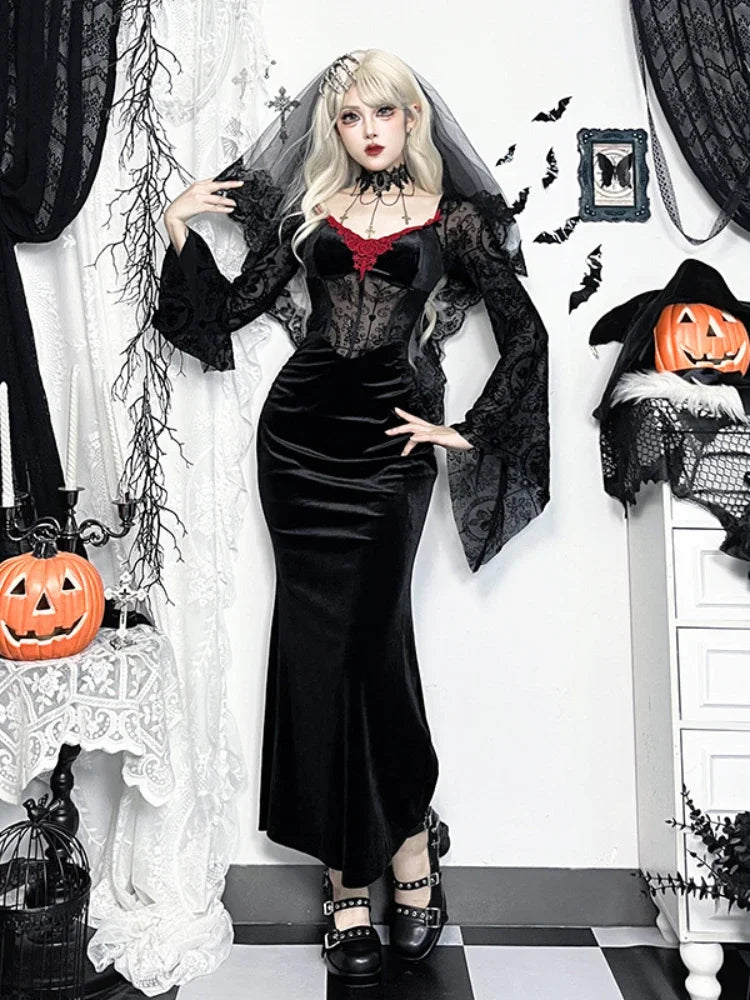 AltGoth Gothic Halloween Dress Women Vintage Elegant Flocking Patchwork Flare Sleeve O-neck High Waist Corset Dress Partywear