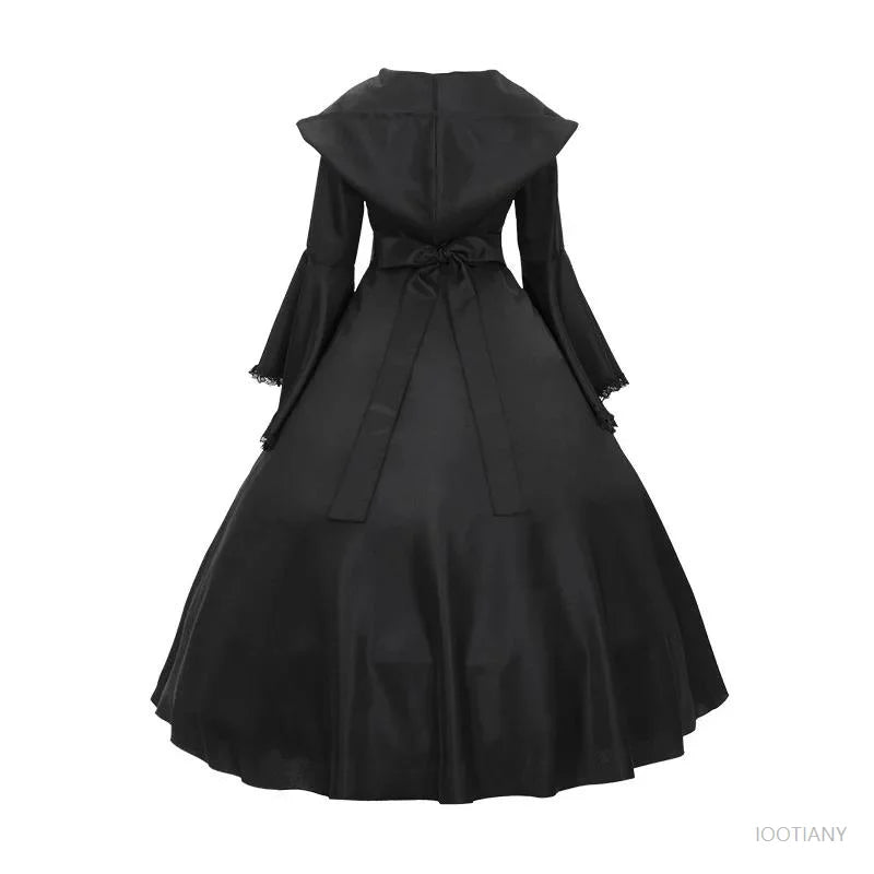 Gothic Medieval Dress Retro Fashion Big Swing Long Sleeve Tie Waist Hooded Dress Lace Trumpet Sleeve Dress Halloween Costume