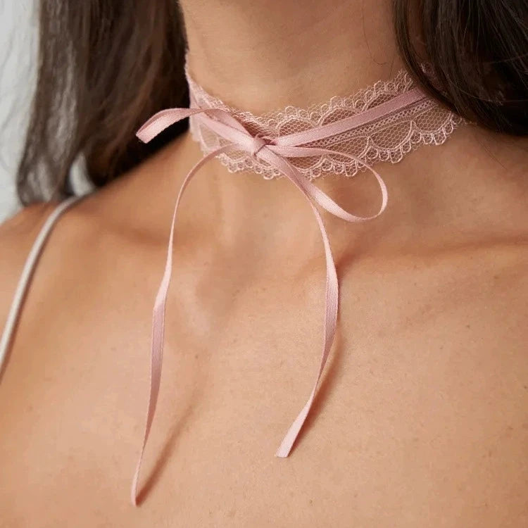 Gothic Aesthetic Vintage Cute Bowknot Heart Pink Lace Choker Necklace For Women Y2K Party Jewelry Accessories Gift