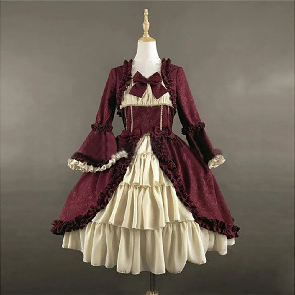 European and American medieval retro Gothic court style French soft girl dress with square collar, waist cinching and patchwork