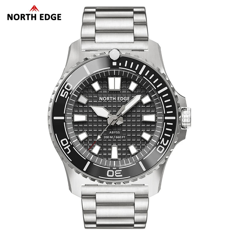 NORTH EDGE ABYSS Men's Quartz Luxury Watch Solar Powered 200M Waterproof Dive Sports Watches 316L Steel Case 180+ Day Power