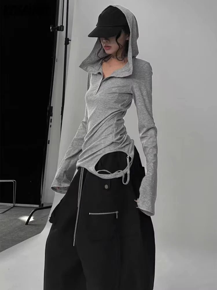 Y2k Aesthetic Hole Hooded T-shirt Women Harajuku Gothic Punk Vintage Button Sexy Tshirts Streetwear Grunge Slim Fit Fairy Tees