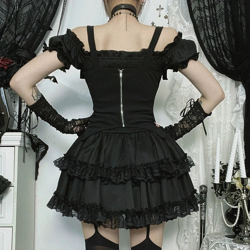 Goth Dark E-girl Kawaii Lace Stitch Pleated Dresses Party Mall Gothic Streetwear Cyber Y2K Plaid Corn Straps Backless Mini Dress