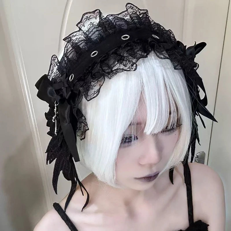 Gothic Lolita Angel Wings Headband Wide Ruffle Lace Cosplay Headwear New White Black Lace Flounce Fold Bowknot Hair Accessories