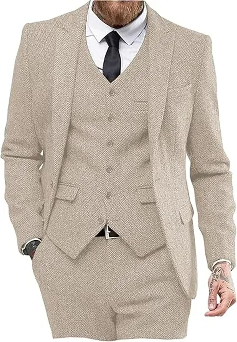 Retro Herringbone Suit for Men Stylish Vintage Tuxedo Set 3 Pieces Blazer Vest and Pant Set for Wedding Business Evening Party