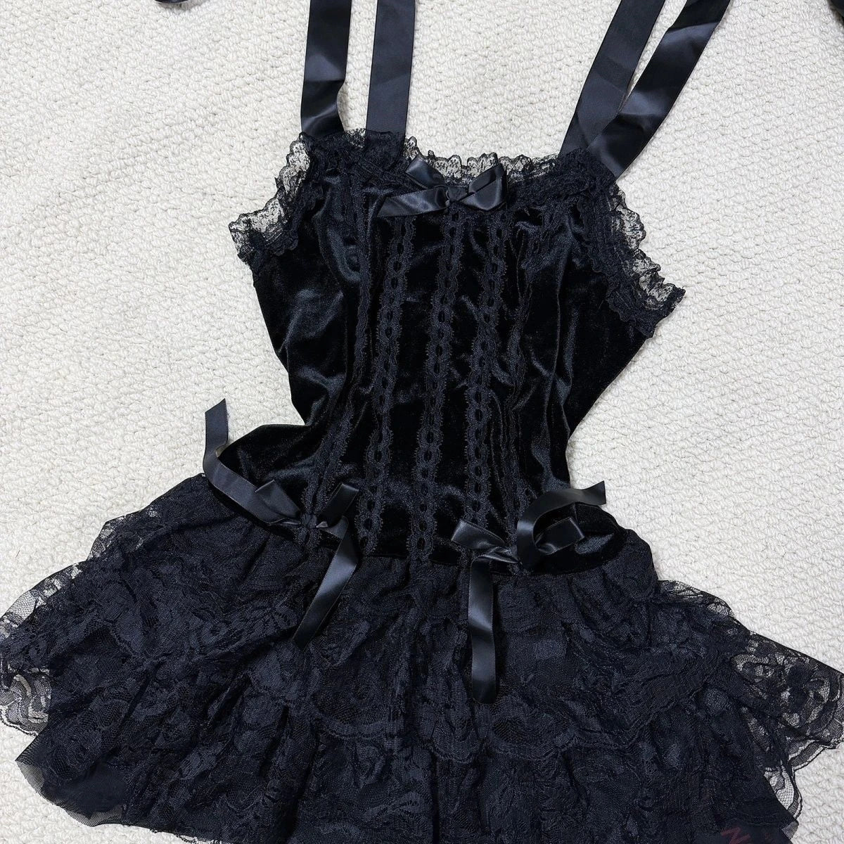 Gothic Dresses 2000s Women's Sexy Camis Sling High waist Lace Tiered Mini Dress Harajuku  Streetwear Femme Aesthetic Short Dress