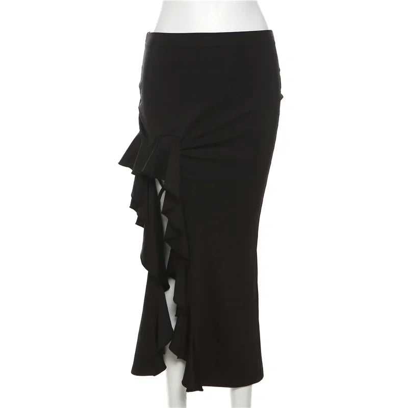 Gothic Black High Waist Bodycon Mid Skirt E-Girl Punk Ruffles Split A-Line Skirts Y2K Fashion Women Streetwear Bottoms