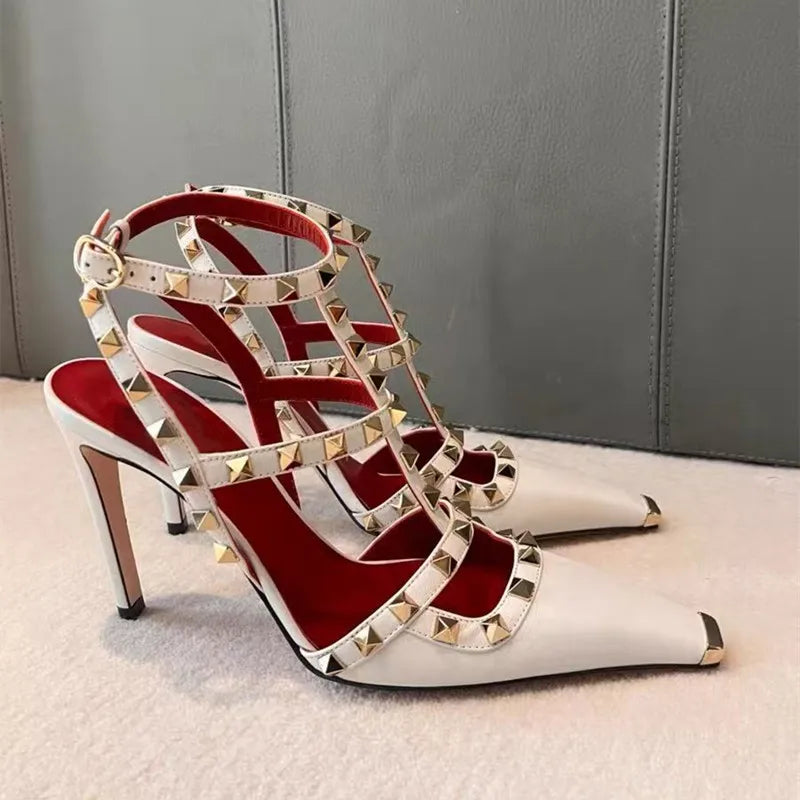 Summer Fashion Square toe Rivet Women Pumps Sexy Narrow Band Mary Janes Slingbacks High heels Chic Party Dress Sandals Shoes