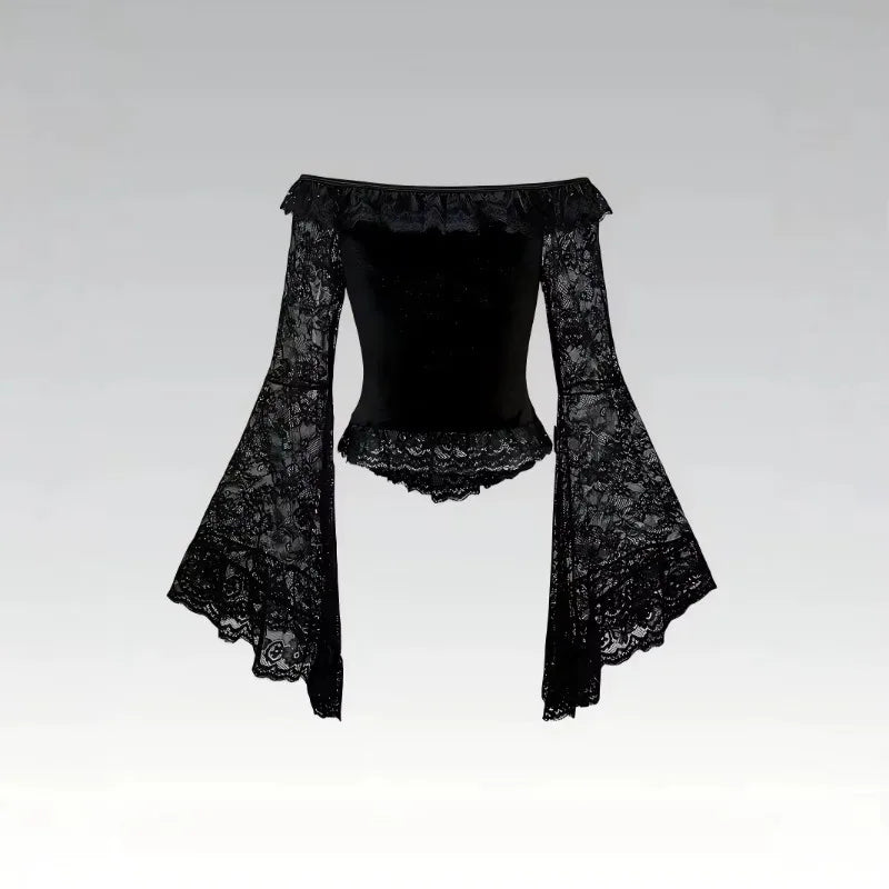 Gothic Vintage Black Lace Off Shoulder Crop Tops Women French Elegant Metal Decor Mesh Slim Blouse Punk Y2K Ruffle Shirt New