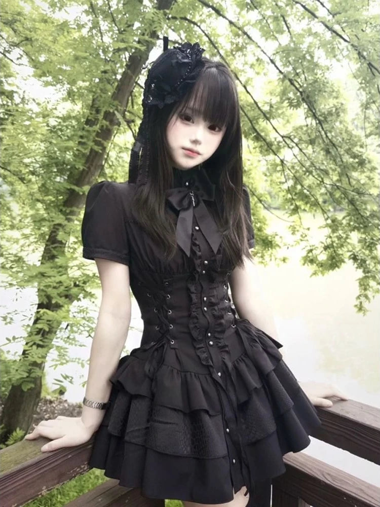 Gothic New Y2k Summer Elegant Dress Women Designer Vintage Aesthetic Skinny Bow Black Spicy Girl A-shaped Dresses Female 2026