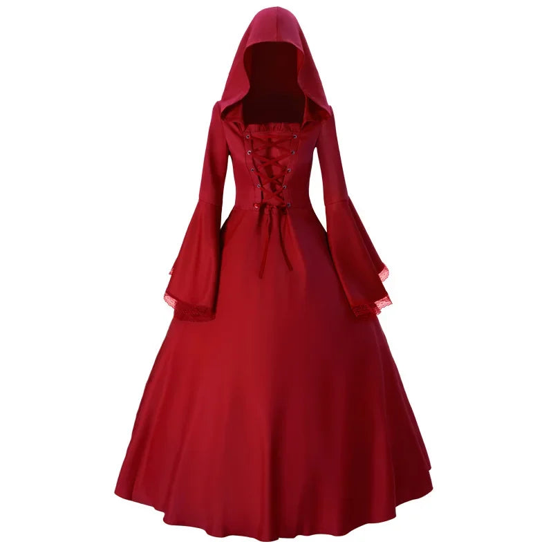 Gothic Medieval Dress Retro Fashion Big Swing Long Sleeve Tie Waist Hooded Dress Lace Trumpet Sleeve Dress Halloween Costume