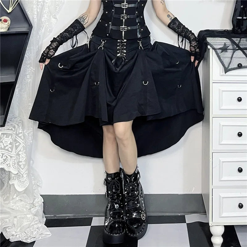 Goth Dark Acubi Fashion Black Swing A-line Skirt Punk Grunge Metal Buckle Streetwear Women Bandage Skirts Mall Gothic Alt Cloth