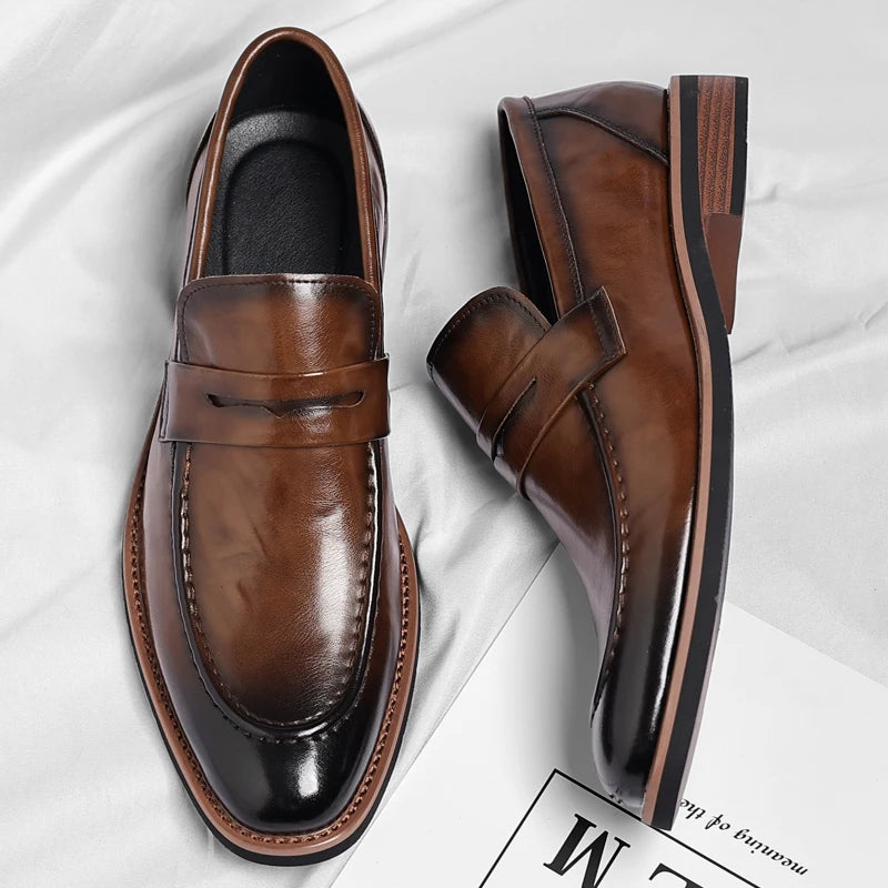 Leather Mens Casual Shoes Leisure Walk Pointed Toe Loafers Thick Bottom and Low Heel Comfy Casual Shoes Classic Business Shoes