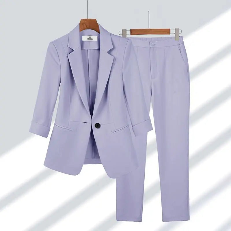 Elegant Women's Pants Set Office Outfits Business Clothing Summer New Thin Jacket Blazer Casual Wide Leg Pants Two Piece