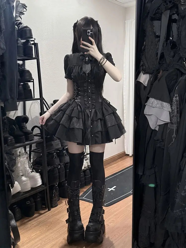 Gothic New Y2k Summer Elegant Dress Women Designer Vintage Aesthetic Skinny Bow Black Spicy Girl A-shaped Dresses Female 2026
