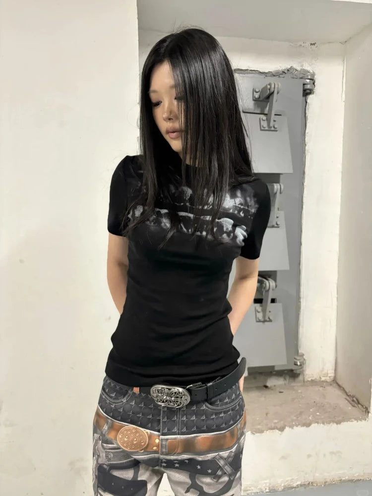Y2k Subculture Short Sleeve Black Solid T-Shirt Dark Print Bodycon Punk Style Top Women Streetwear O-Neck Spring Summer