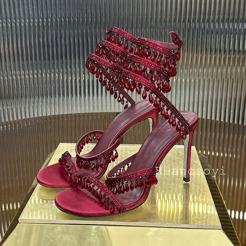 High Heels Sandals Women Shiny Crystal Pendant Ankle Snake Twine Around Prom Shoes Summer Fashion Stiletto Bohemian Sandalias