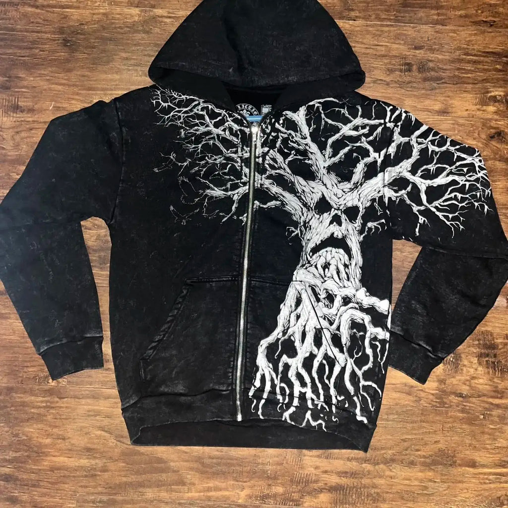 Y2K Street Gothic Hoodie Punk Classic Retro Skull Print Zipper Hip Hop Leisure Sweater New Personality Hoodie Street Wear