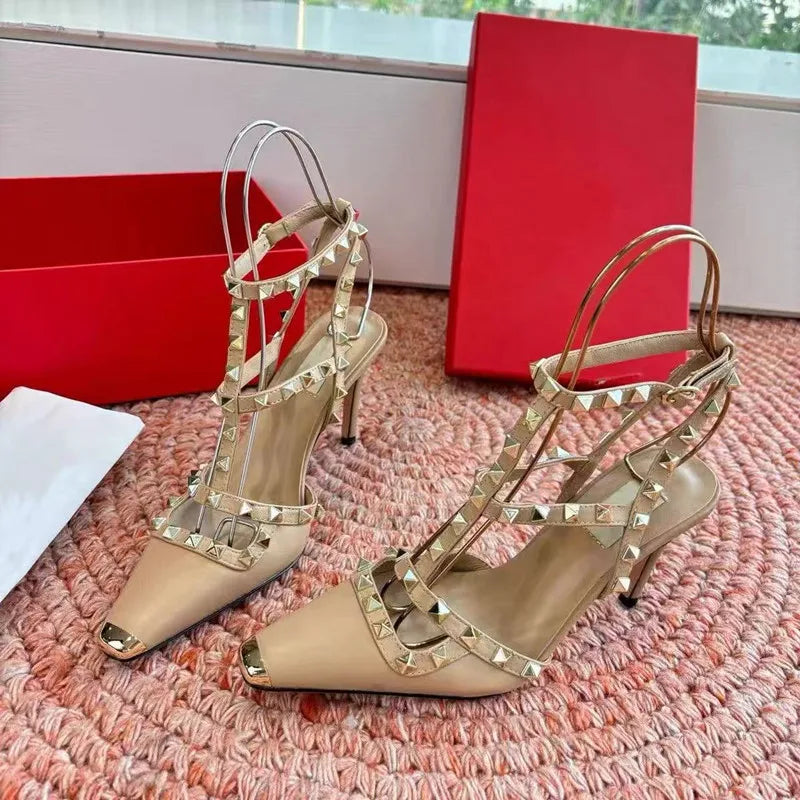 Summer Fashion Square toe Rivet Women Pumps Sexy Narrow Band Mary Janes Slingbacks High heels Chic Party Dress Sandals Shoes